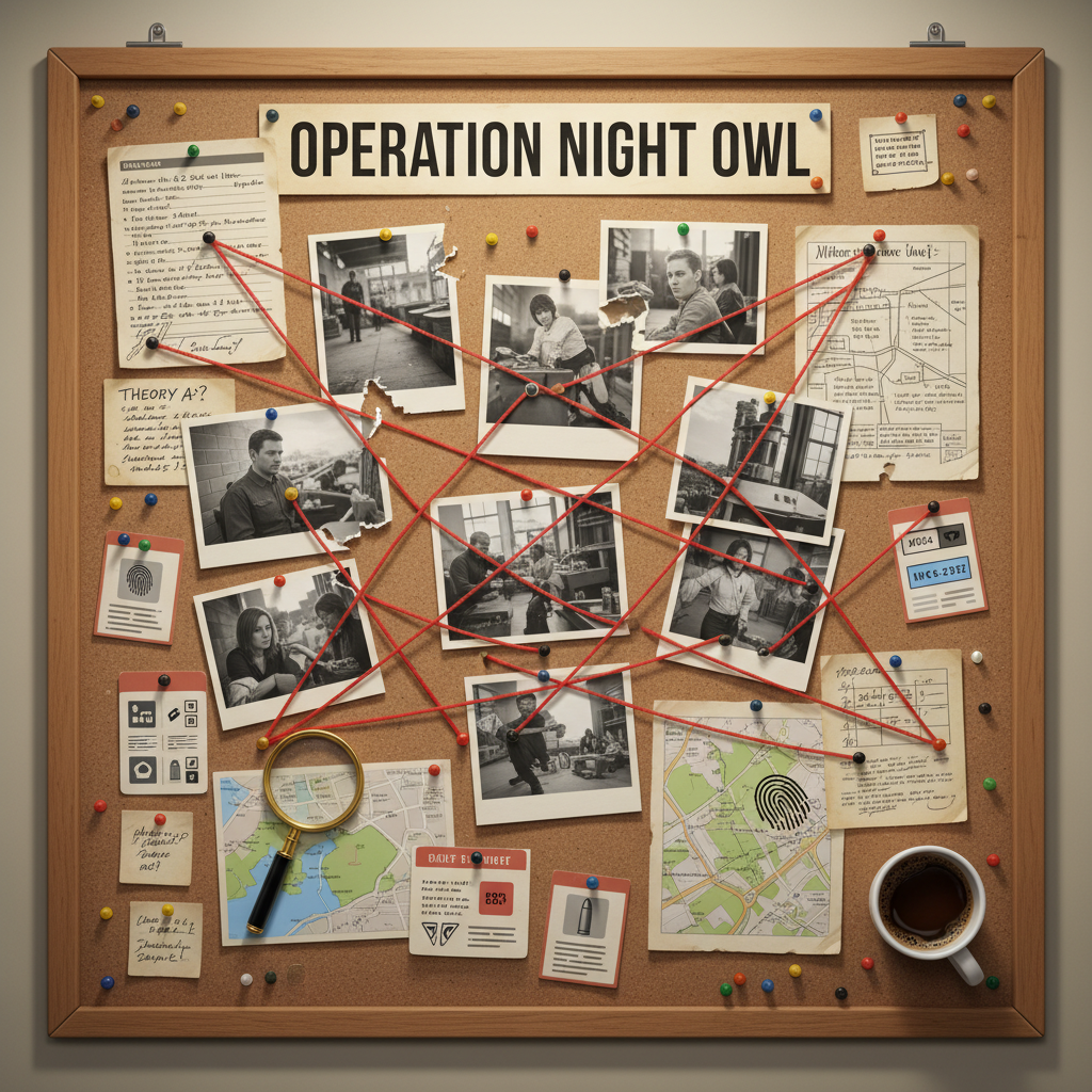 Detective-style game investigation board with clues and case notes