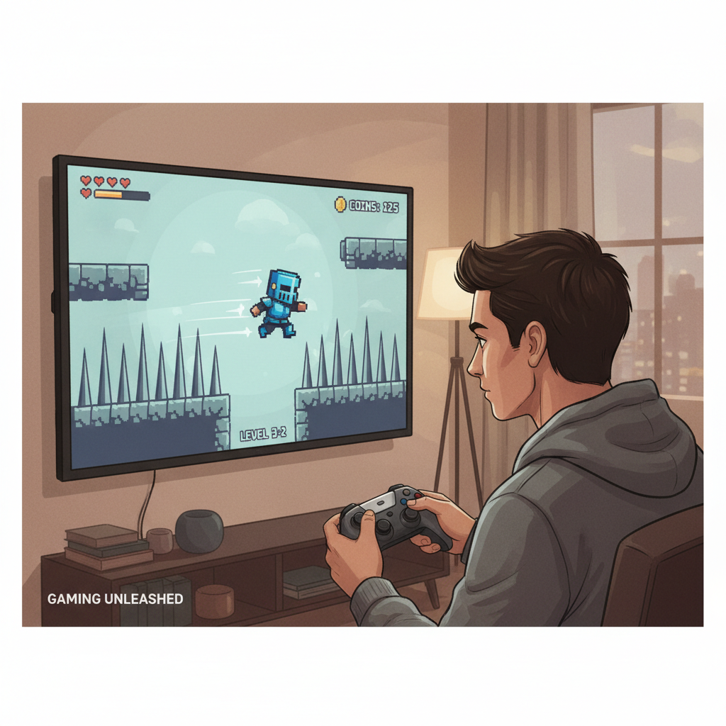 Player attempting a precision platformer jump with tight timing