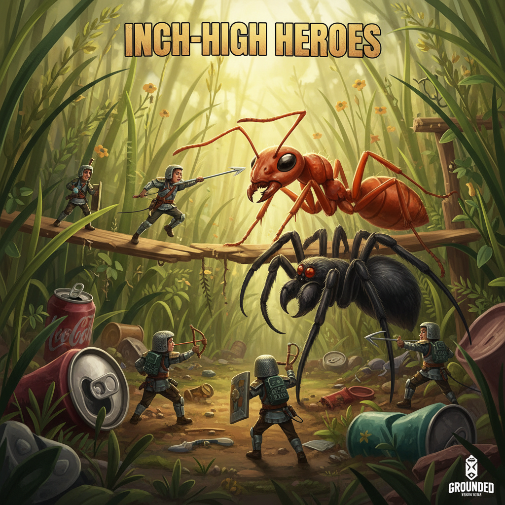 Grounded-style backyard survival combat against giant insects
