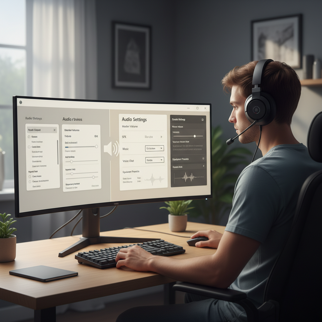 Gamer checking Windows sound settings and in-game audio sliders