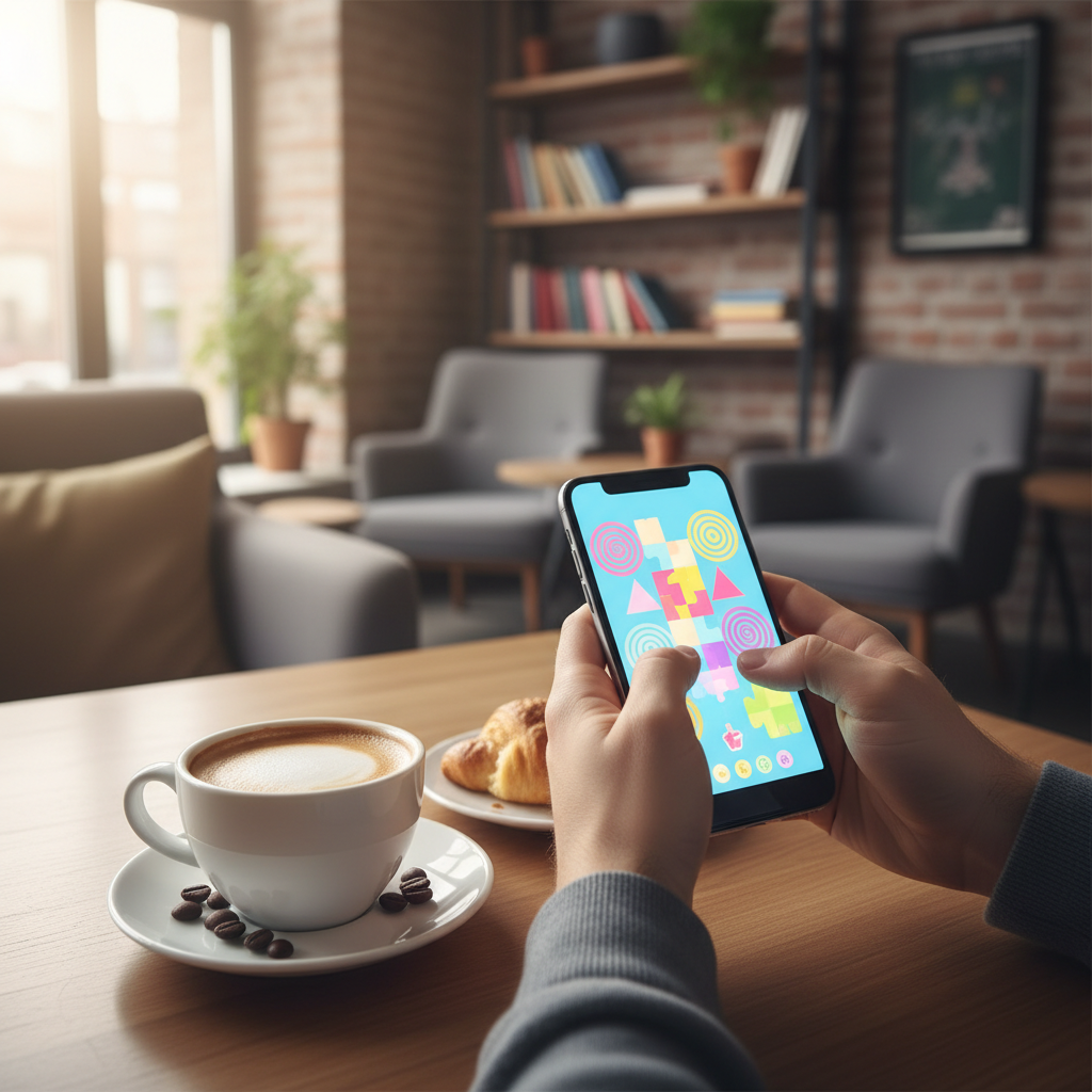 Phone showing a quick puzzle game during a short coffee break