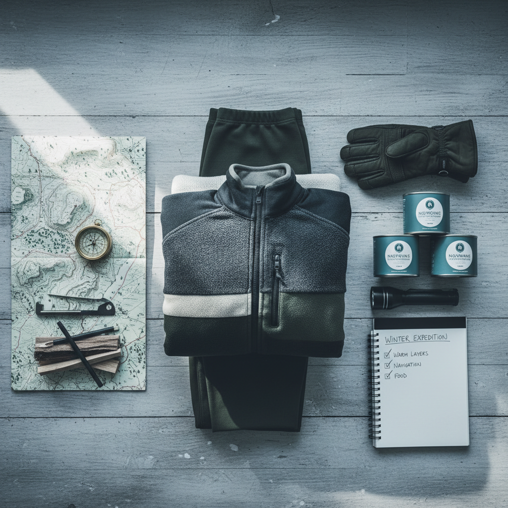 Winter survival checklist with map, fire supplies, and layered clothing laid out on a table