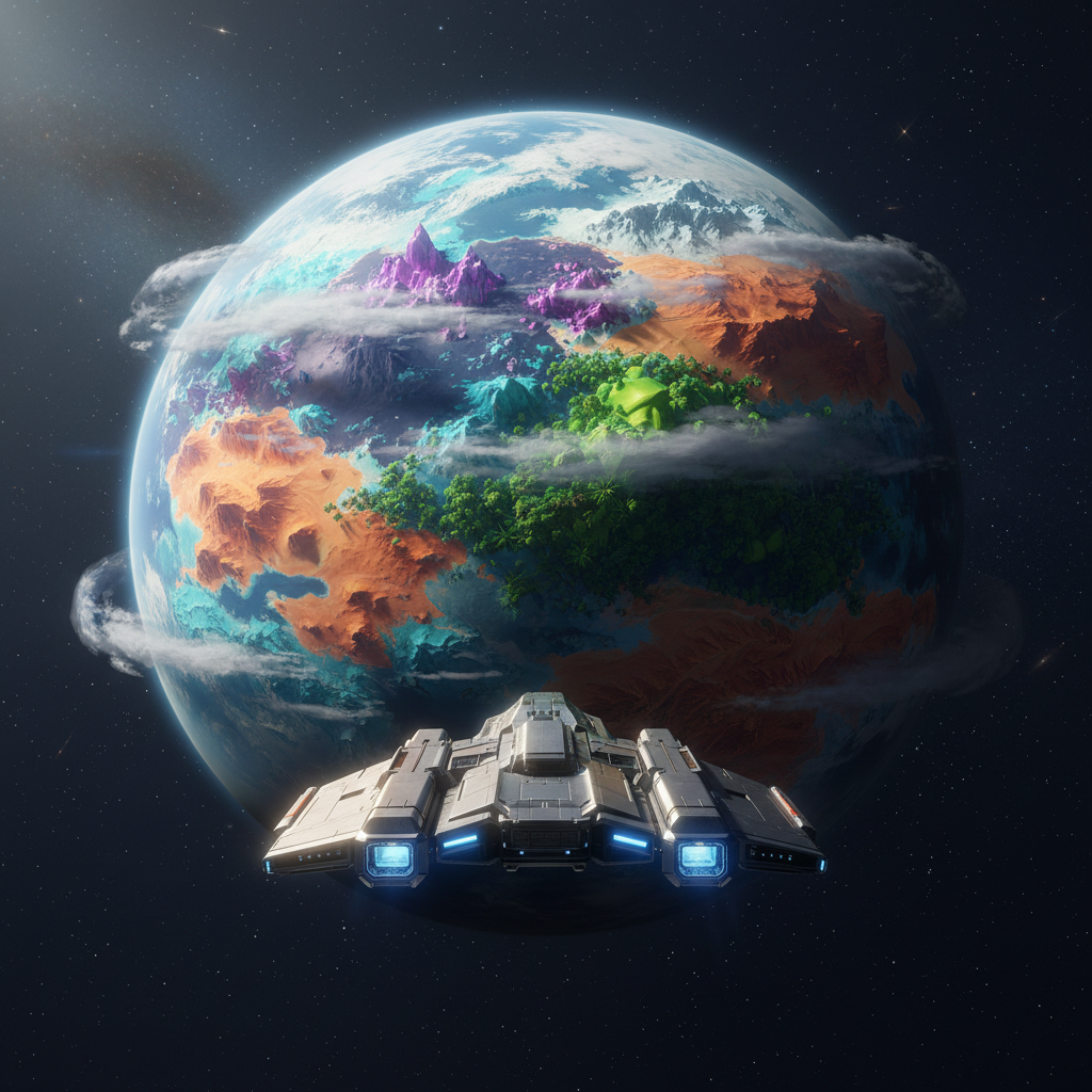 Spaceship approaching a procedurally generated planet for exploration