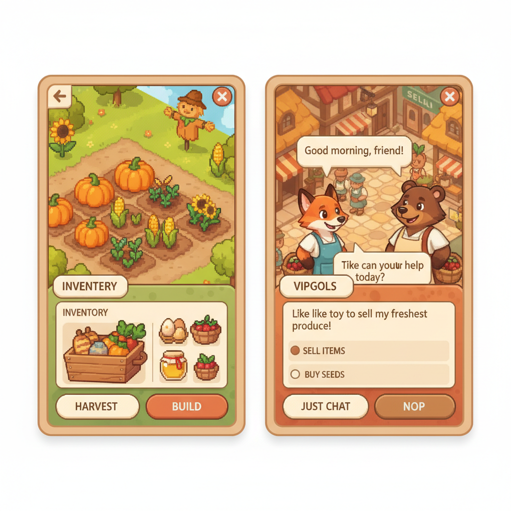 Comparison-style view of cozy farming sim game UI and character interactions