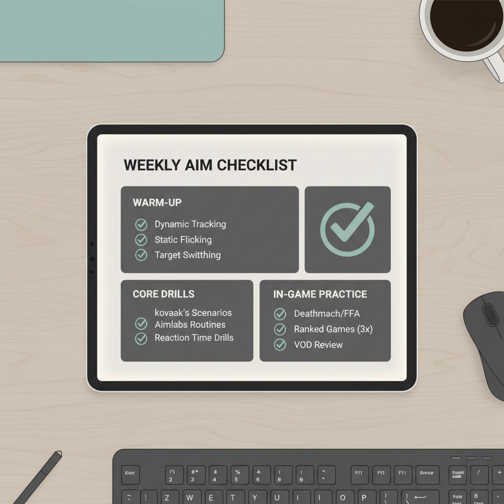 Aim training routine checklist with warm-up drills and weekly schedule