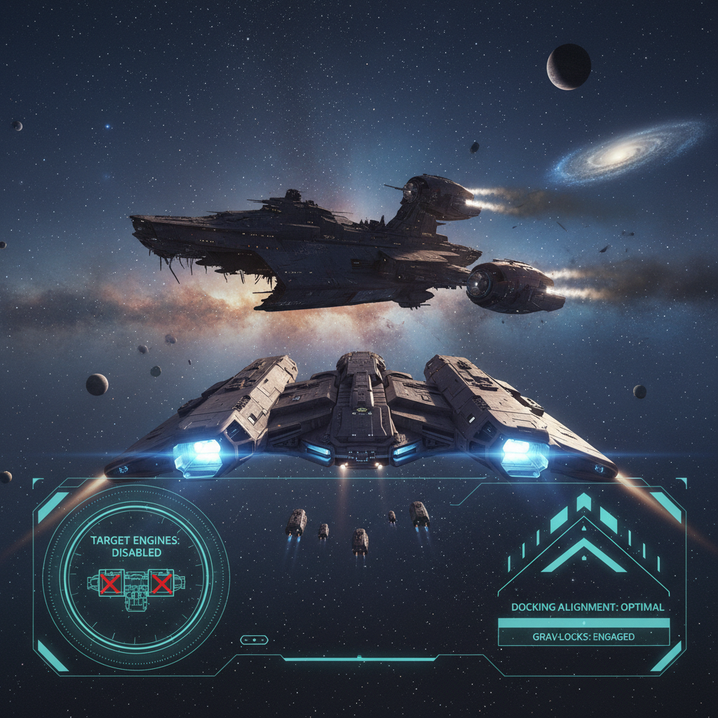 Starfield ship boarding approach showing engines disabled and docking alignment