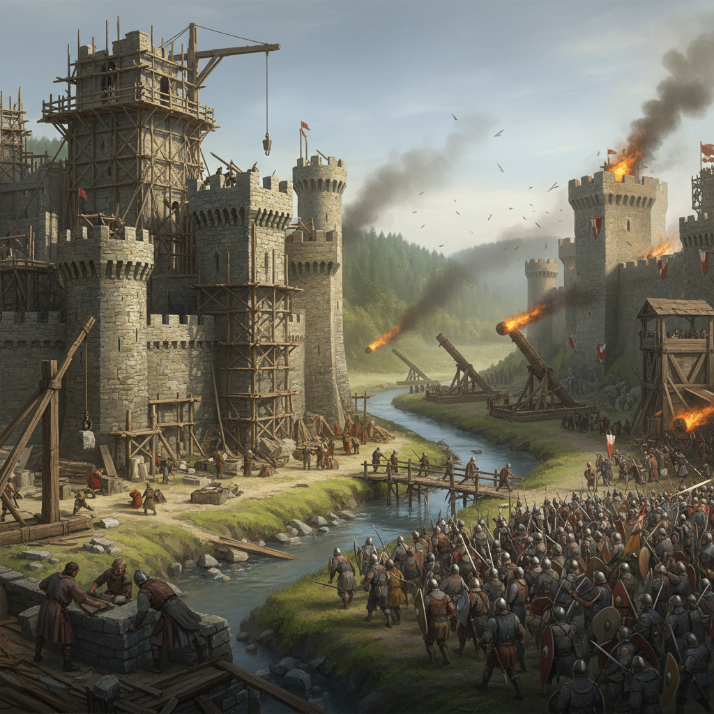 Castle building and siege battle overview in strategy games