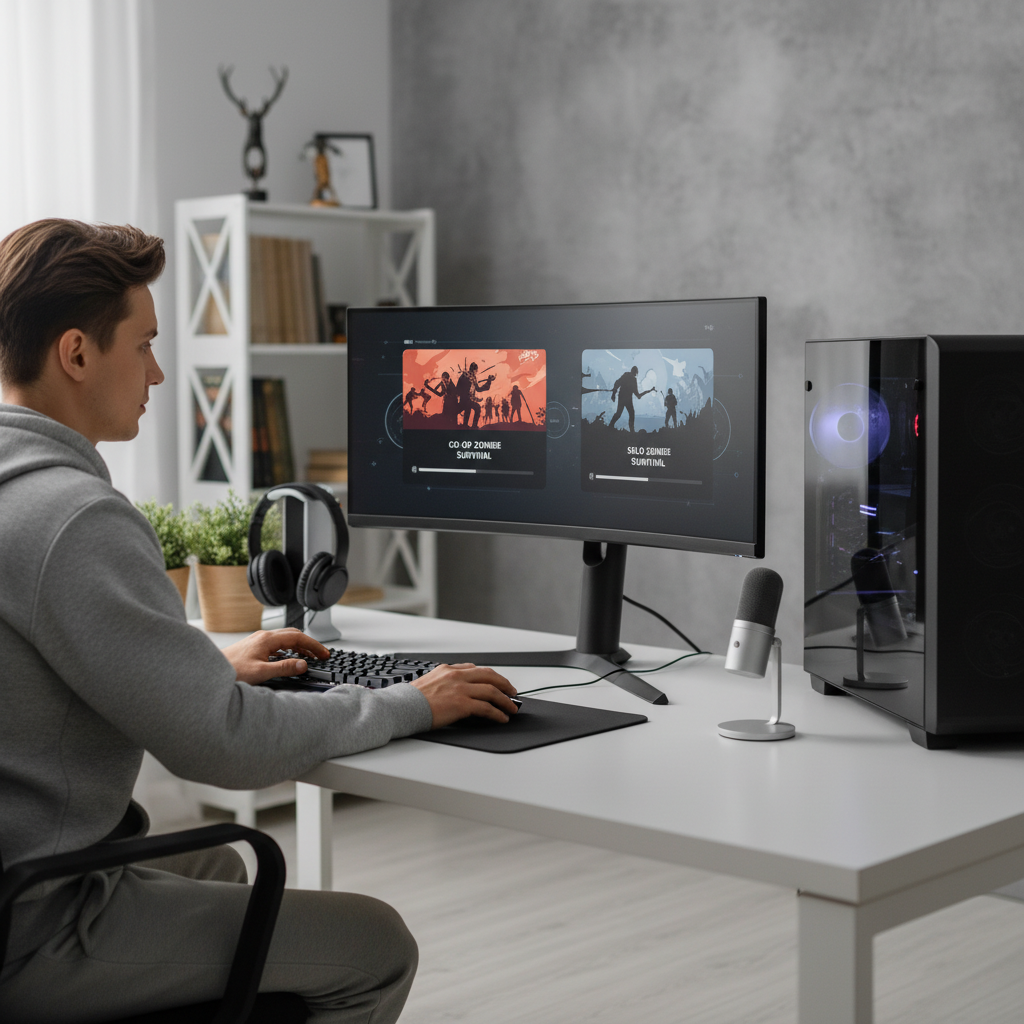 Player choosing between co-op and solo zombie survival games on a gaming setup
