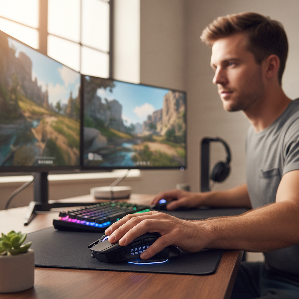 MMORPG player using an ergonomic gaming mouse with side buttons on a desk setup