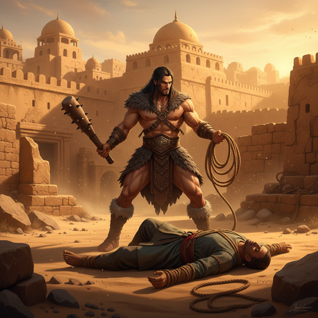 Conan Exiles player capturing a thrall near Sepermeru with truncheon and bindings