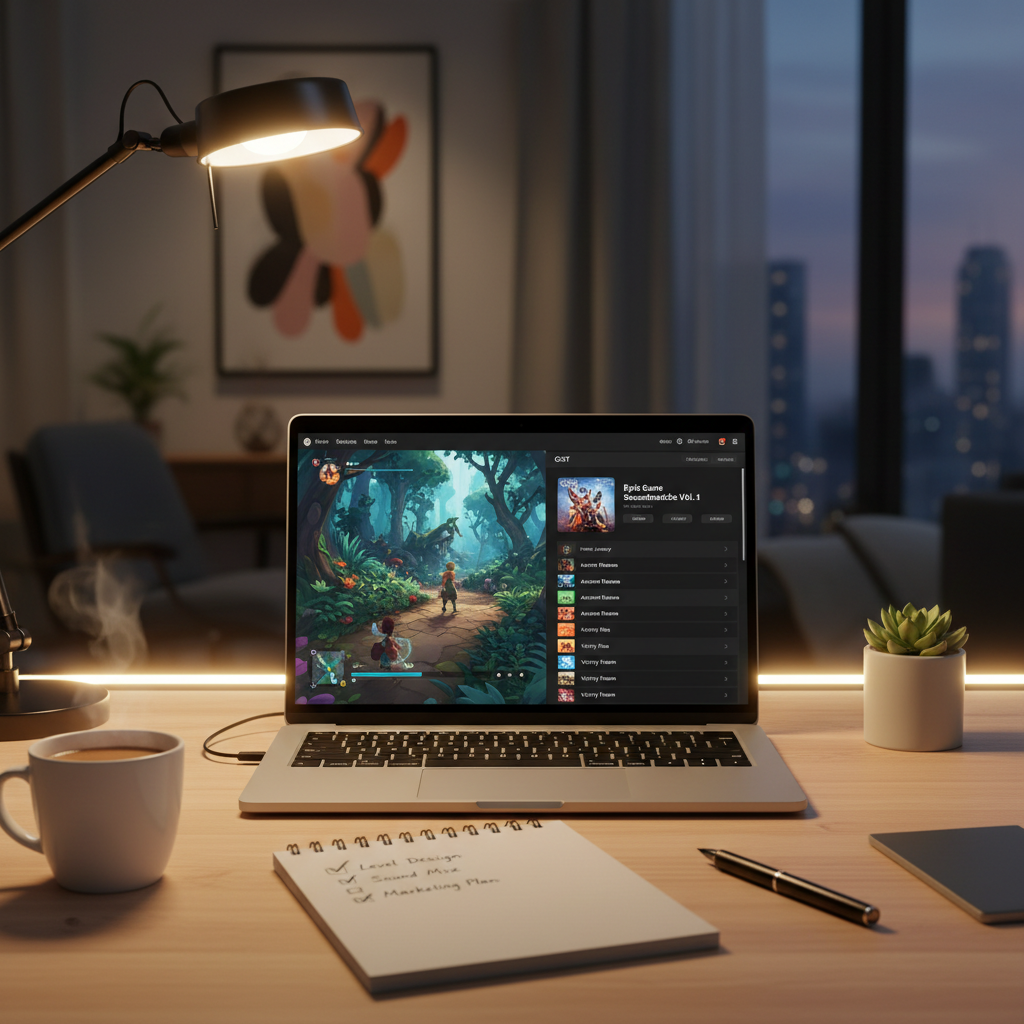 Laptop showing gameplay video and OST playlist side by side for indie game soundtrack preview