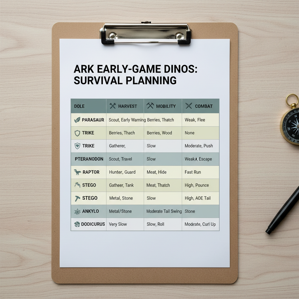 ARK early-game tame comparison table on a survival planning clipboard