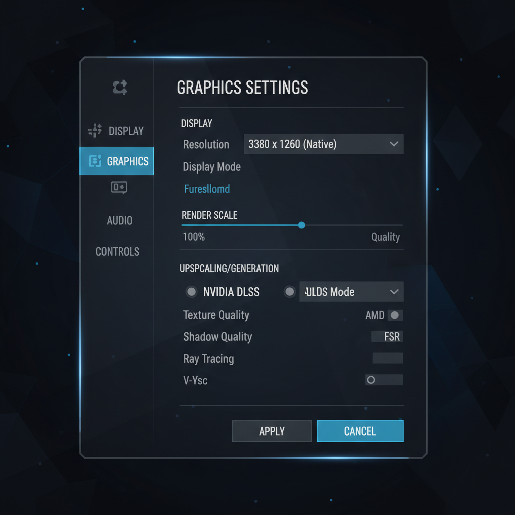 Game settings menu showing 3840x2160 resolution and render scale controls