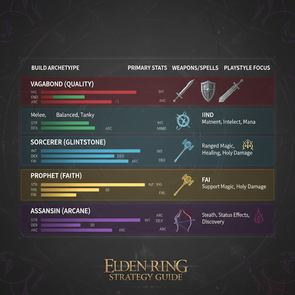Comparison table concept for Elden Ring builds with stats and icons