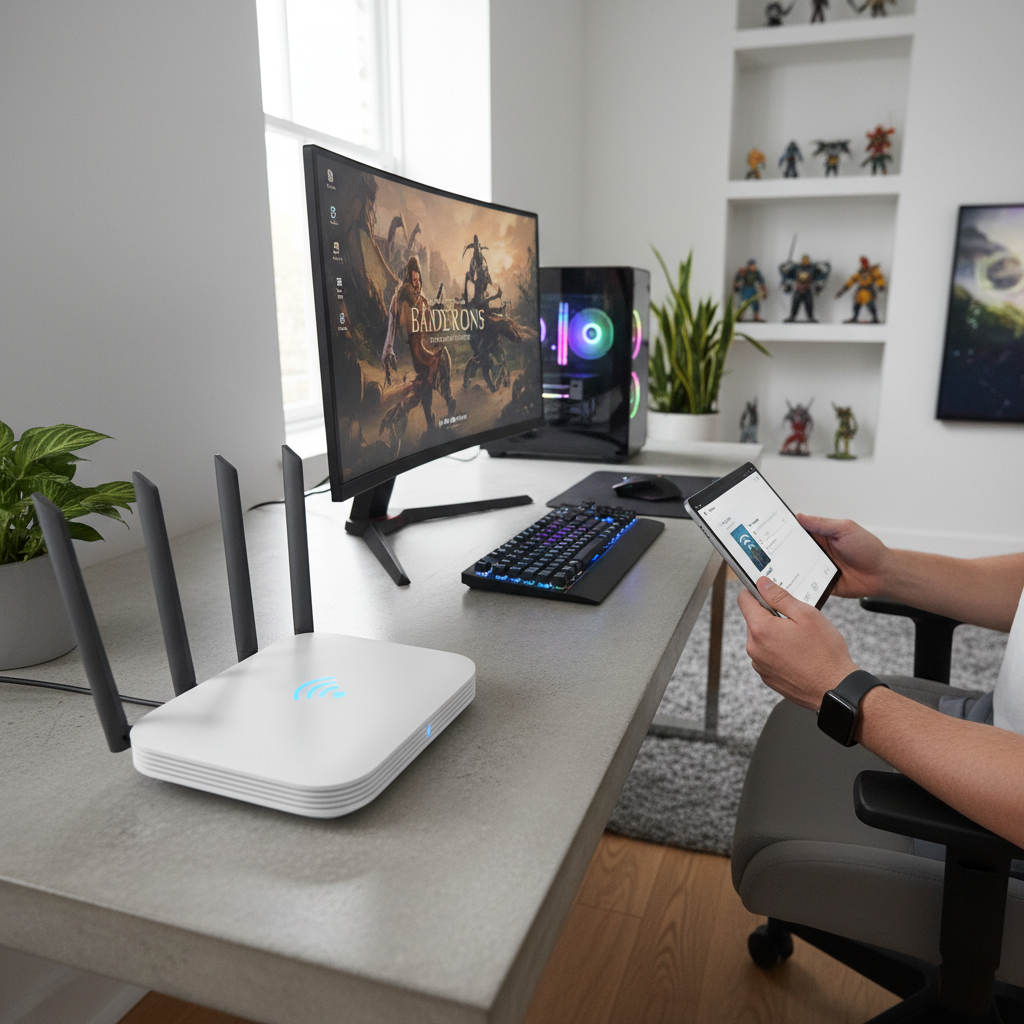 Gamer troubleshooting home internet speed and latency on router and console setup