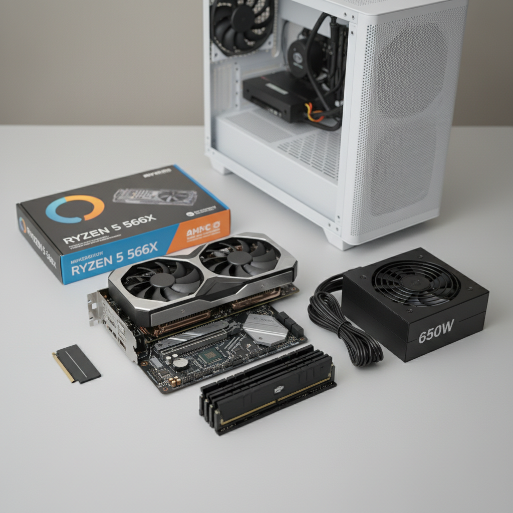 Gaming PC parts layout for an under $800 build (GPU, CPU, motherboard, RAM, SSD, PSU)