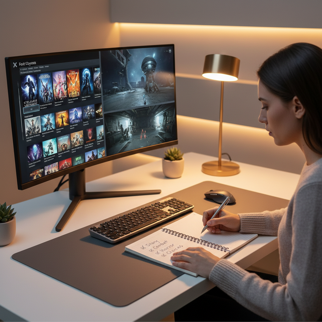 Gamer comparing post-human sci-fi games on a clean modern setup