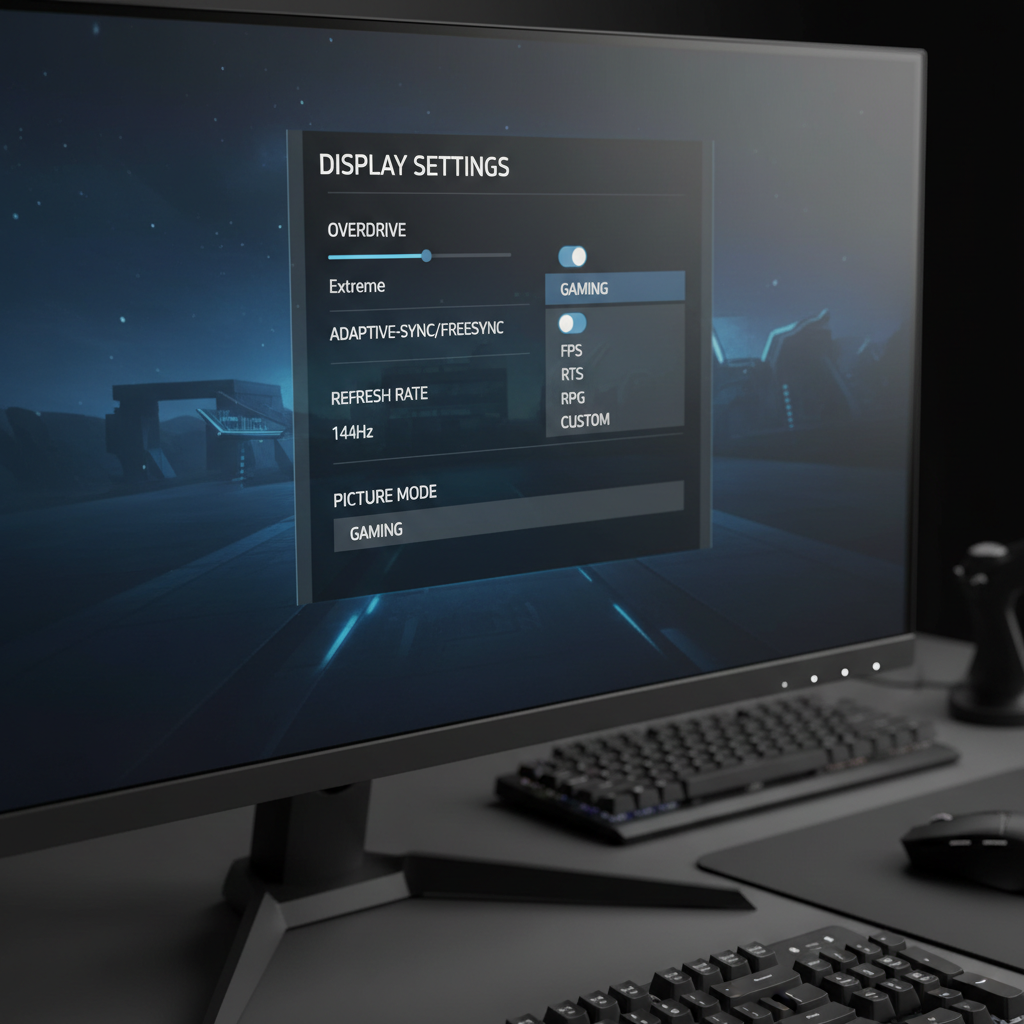 Gaming monitor settings menu showing overdrive and adaptive sync options