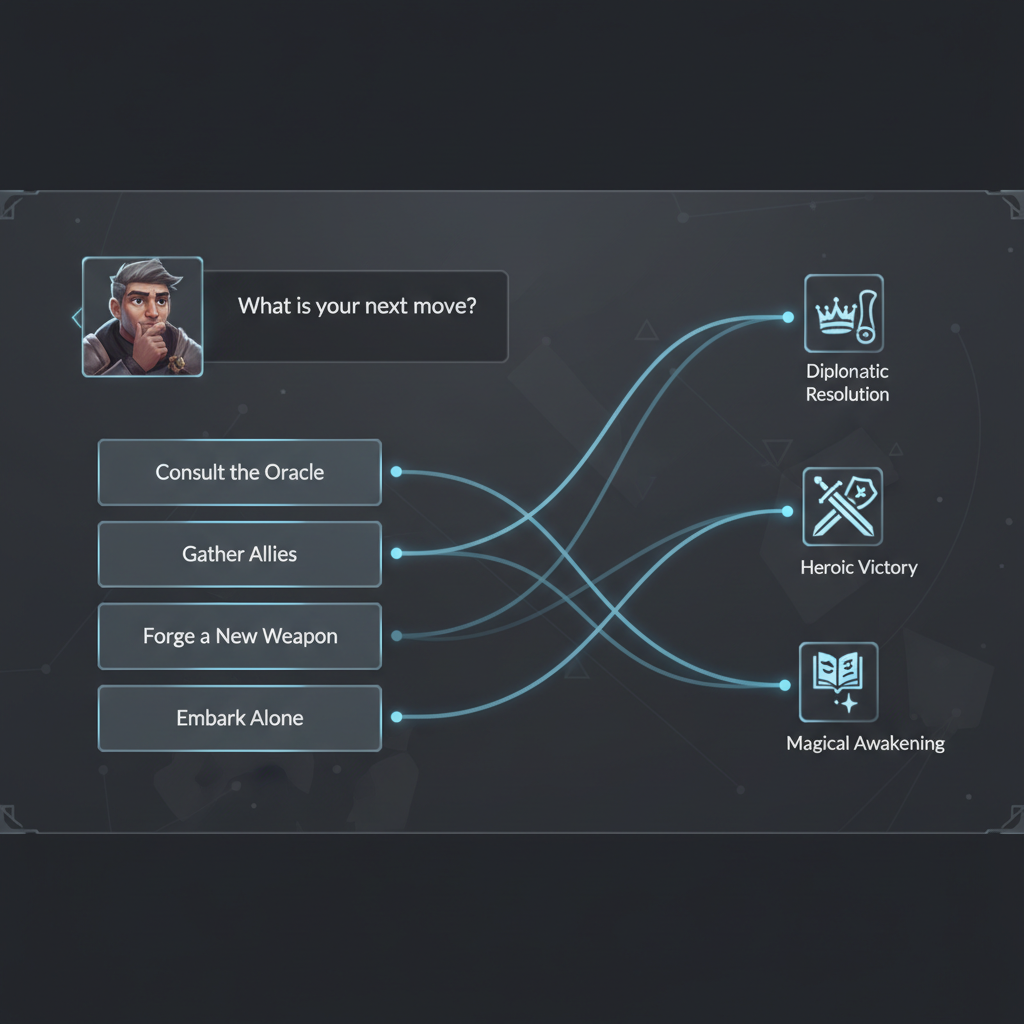RPG dialogue choice screen with branching paths for multiple endings