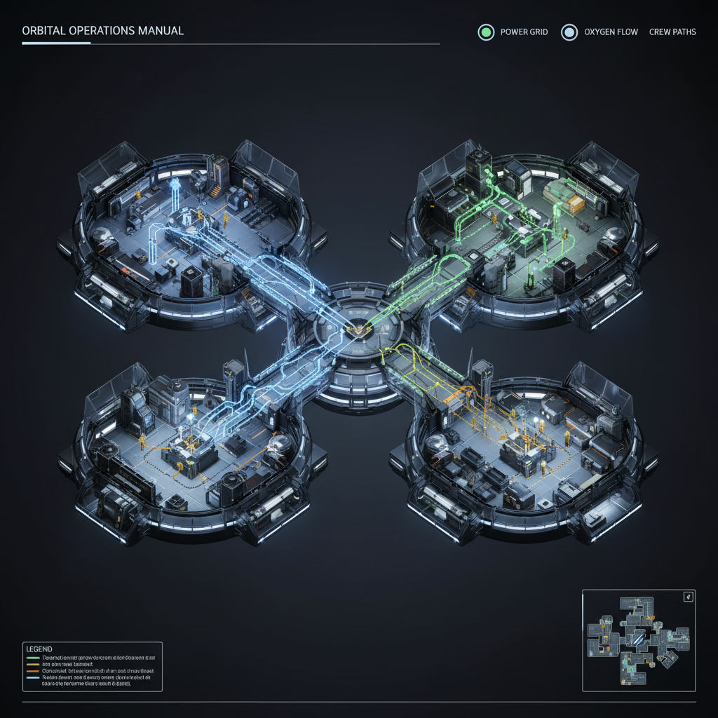 Space station builder gameplay showing power, oxygen, and crew management UI