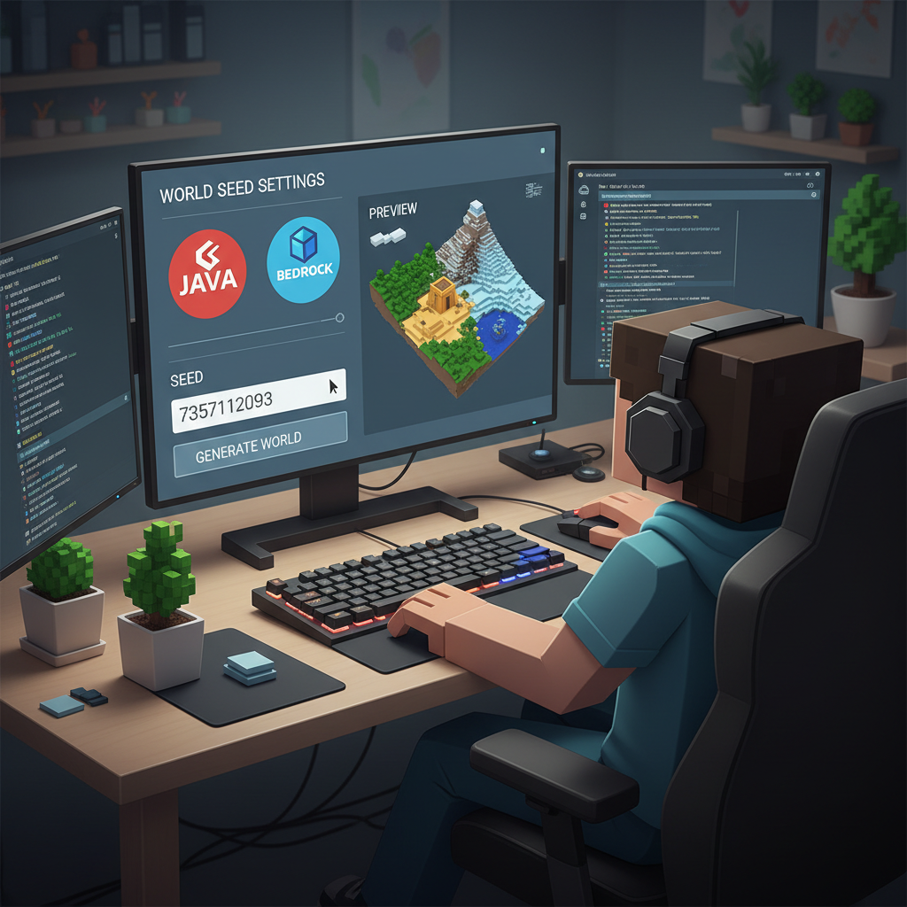 Player checking Minecraft seed settings on Java and Bedrock