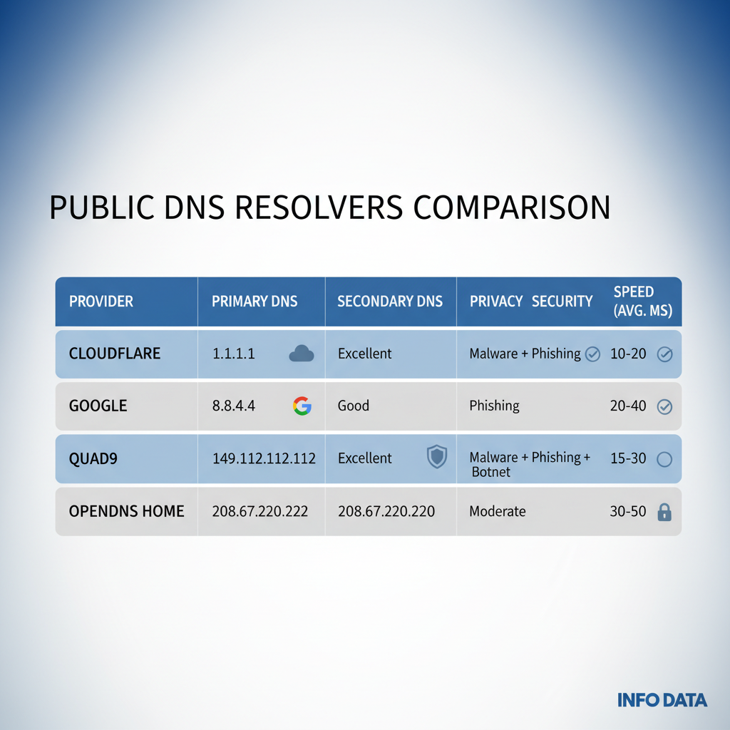 Comparison table of public DNS servers for gaming performance