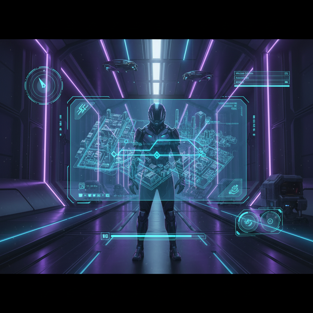 Sci‑fi game scene showing a holographic map overlay used for navigation