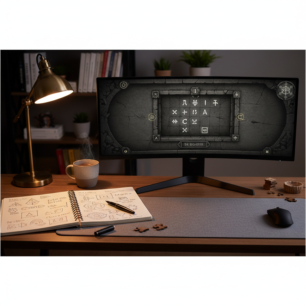 Gamer taking notes while playing a psychological mystery game at a desk