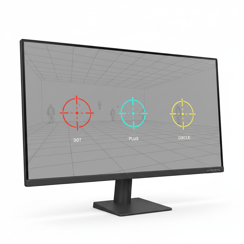 Crosshair customization examples showing different colors and thickness on FPS background