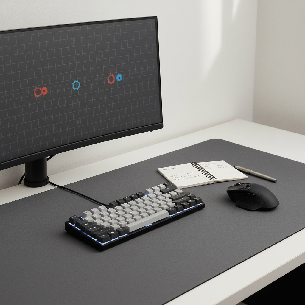 FPS aim training setup with mouse, mousepad, and sensitivity notes