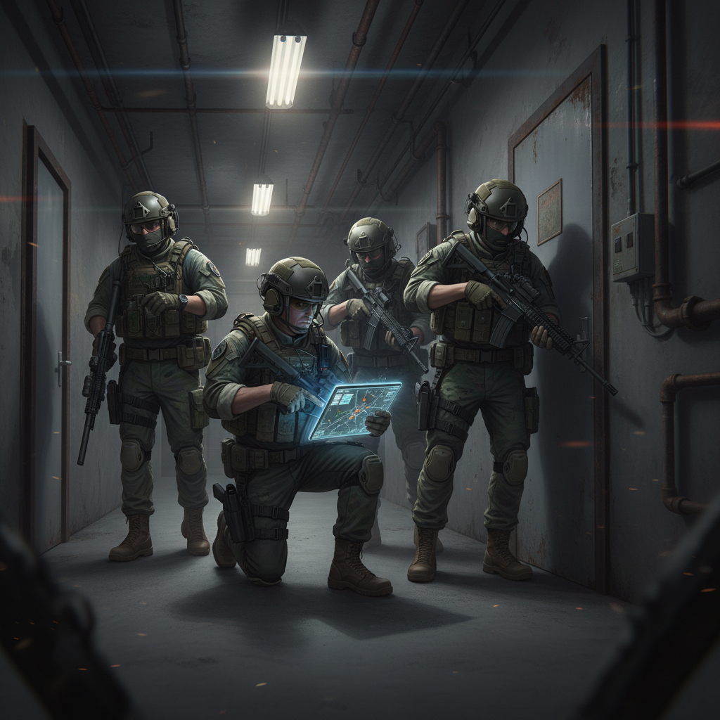 Realistic tactical shooter squad using voice comms and planning a breach