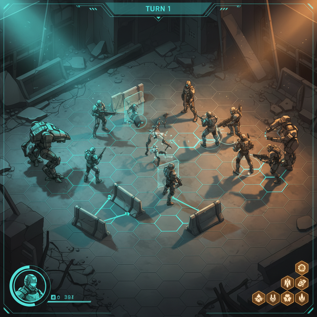 Turn-based tactics battle on a grid with squads and cover