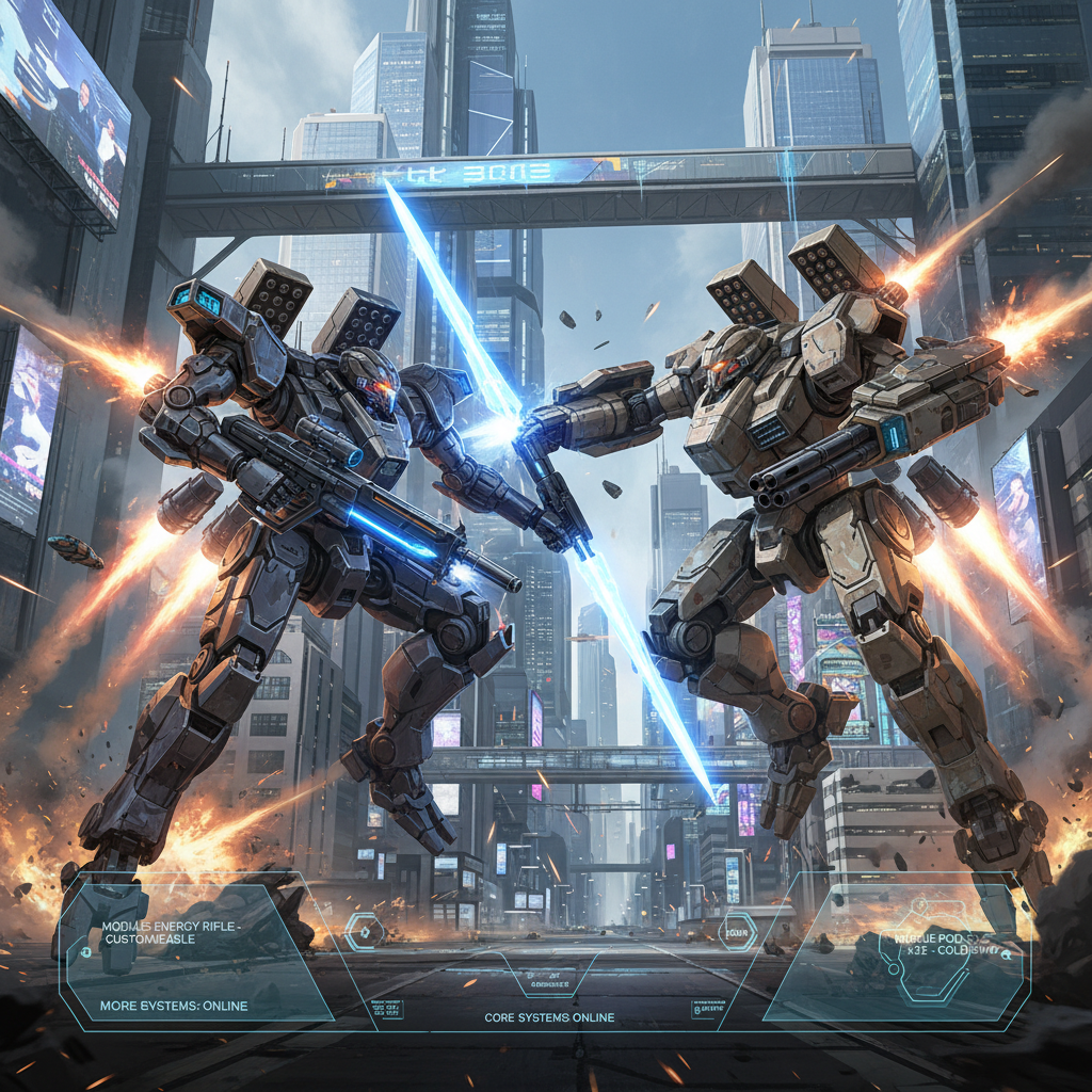 Futuristic mech battle with weapon loadouts and HUD elements