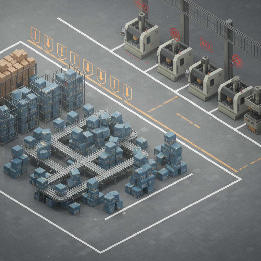 Factory supply chain bottleneck causing inventory overflow in a tycoon game