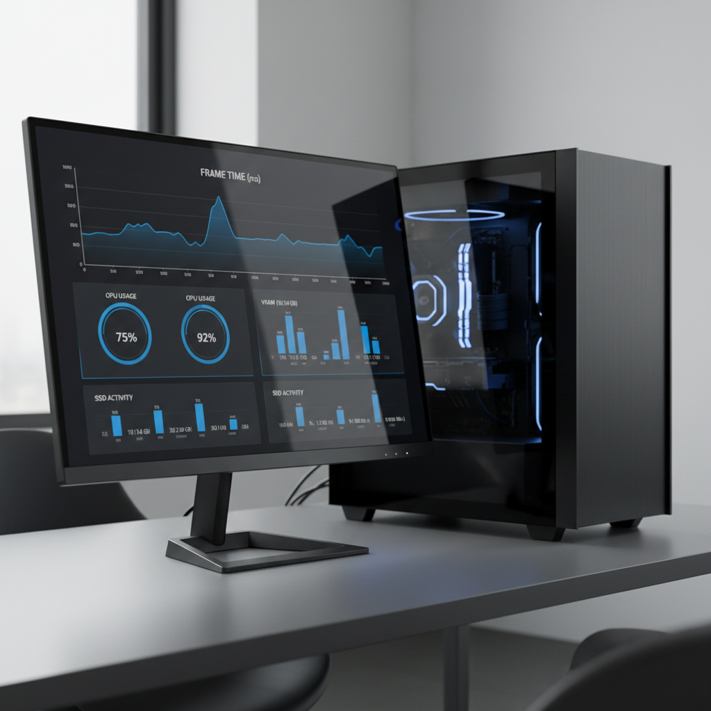 Performance monitoring view with frame time graph, CPU/GPU usage, and memory utilization during gaming