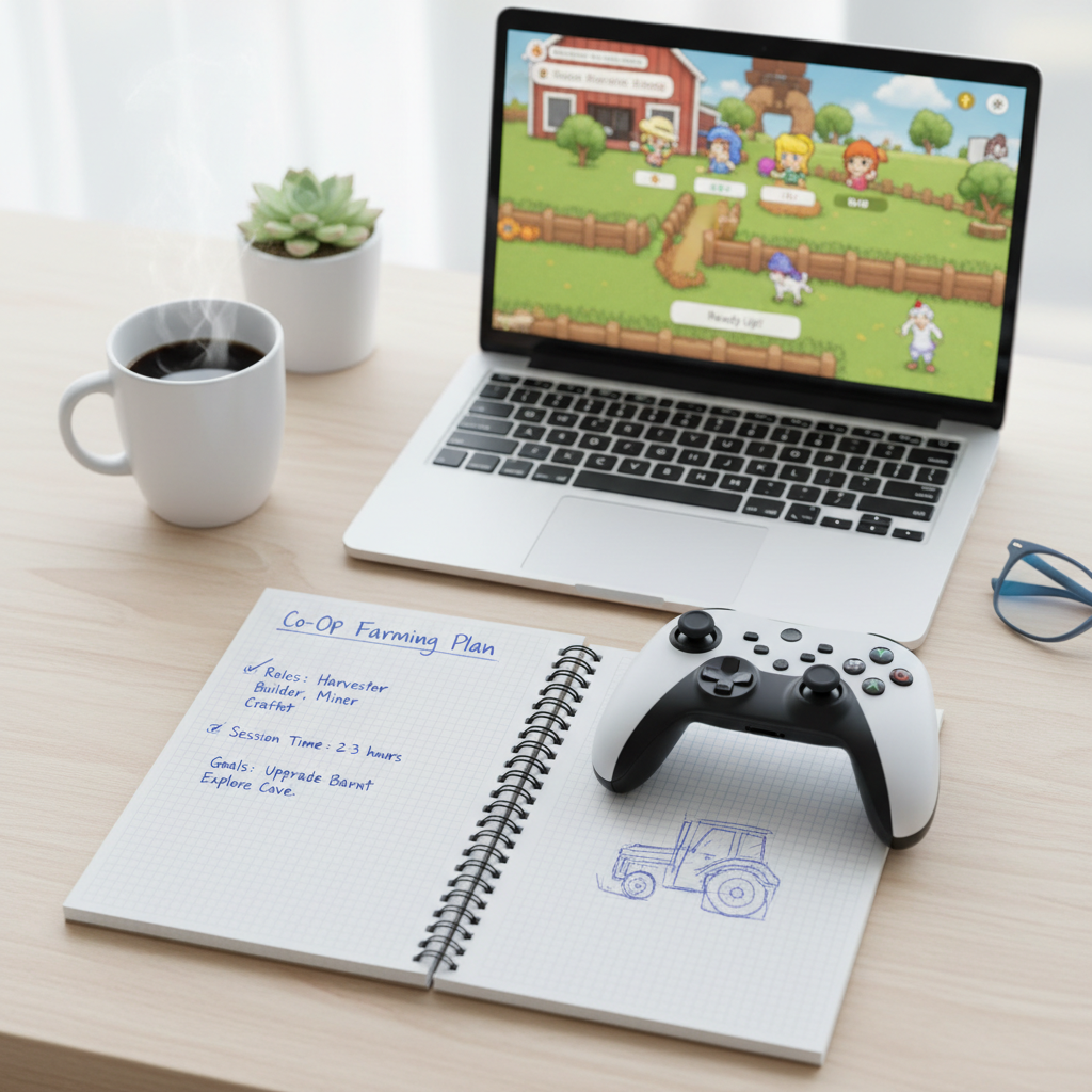 Co-op farming game planning notes and checklist on a desk next to a controller