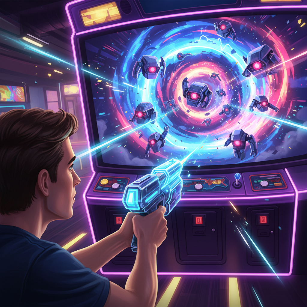 Arcade-style rail shooter action with light gun aiming at colorful enemies