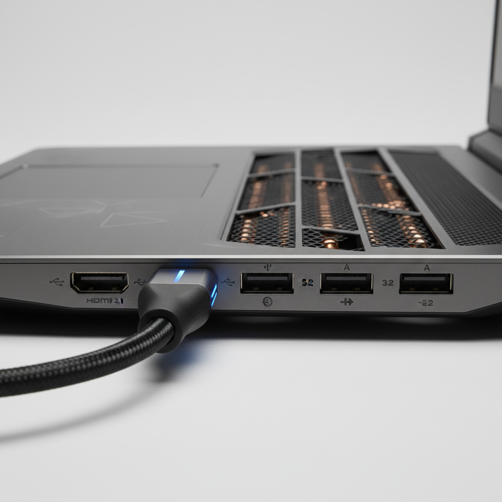 Close-up of HDMI and USB-C ports on a gaming laptop for 4K output