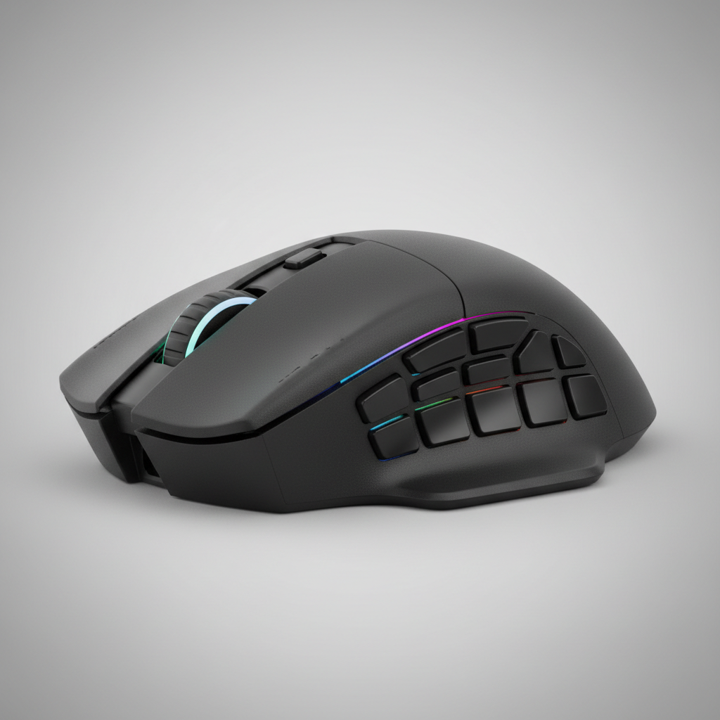 Close-up of an ergonomic MMO mouse showing thumb rest and 12 side buttons
