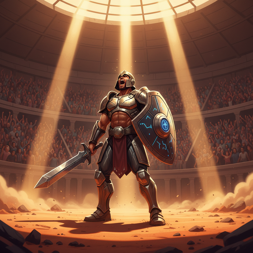 Gladiator arena combat in a video game with crowd and sand pit
