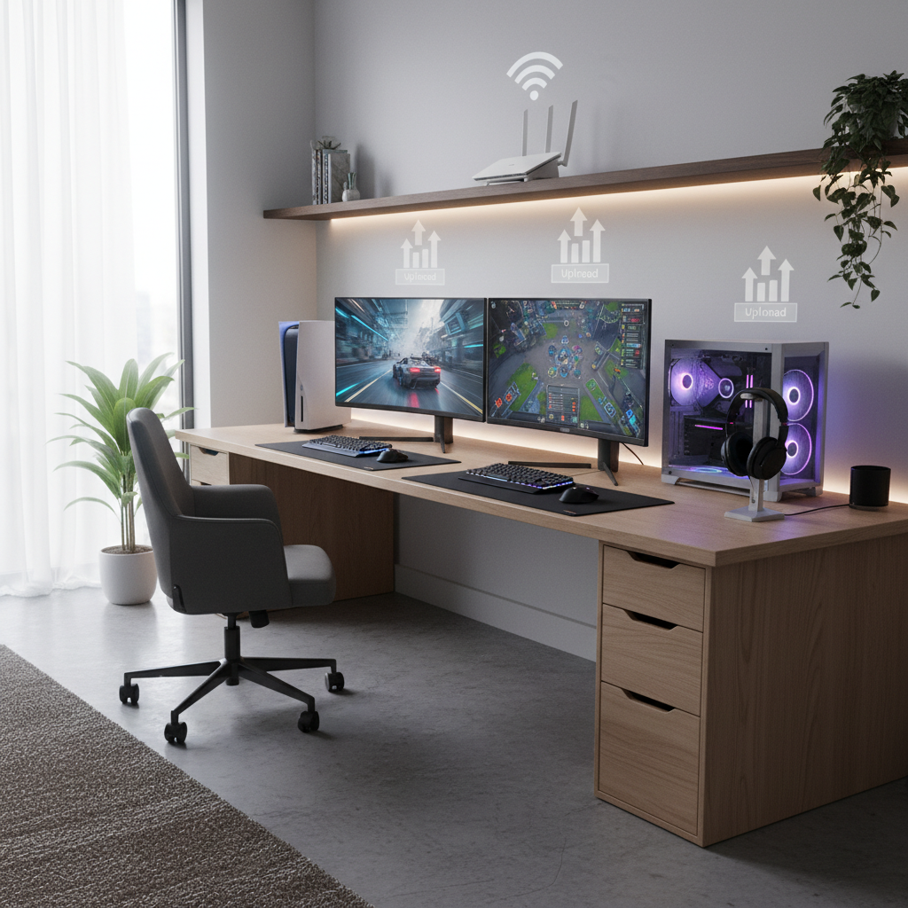 Home gaming setup showing router placement and PC/console connection for improving upload speed