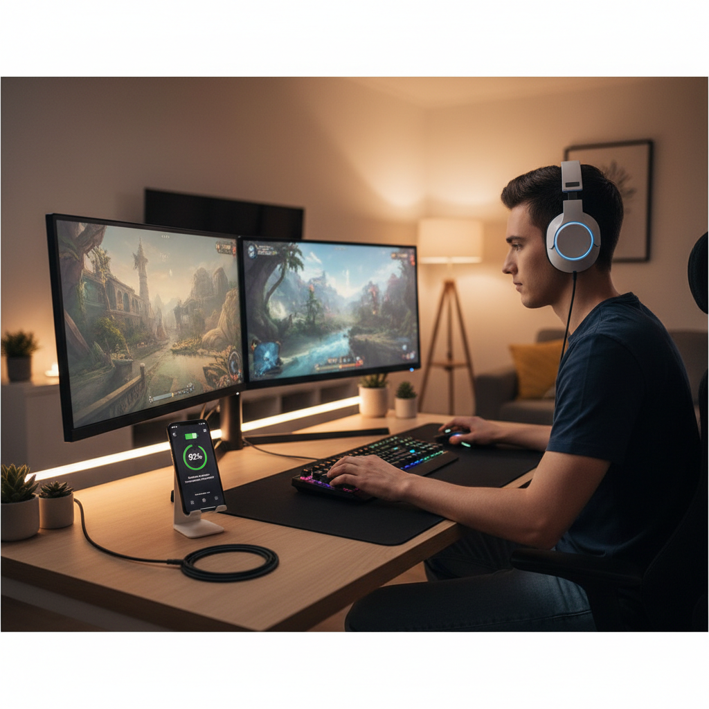 Gamer using wireless headset with USB-C charging and battery percentage app
