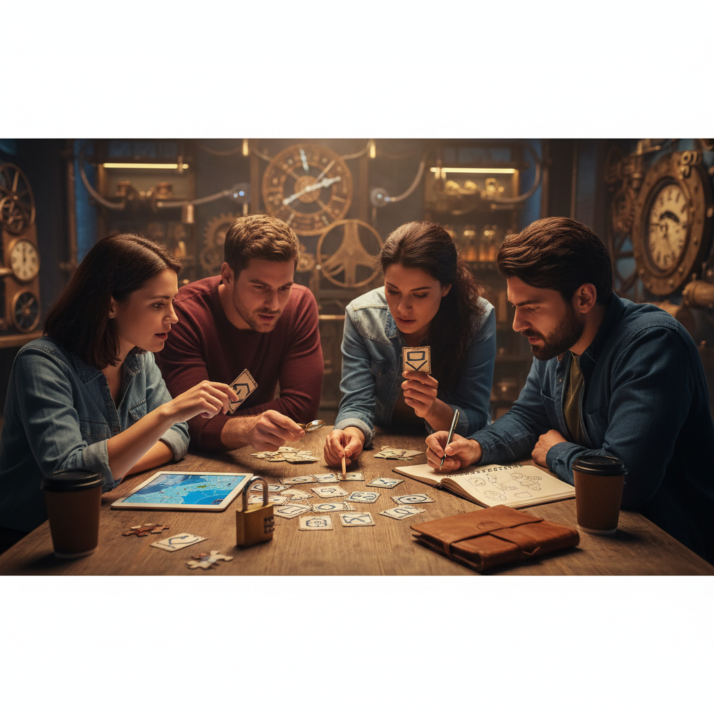 Team collaborating to solve escape room puzzles with clues on a table