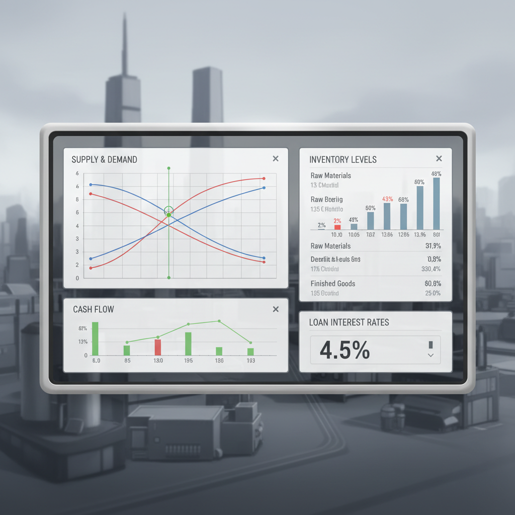 Tycoon game economy dashboard with supply, demand, and cash flow