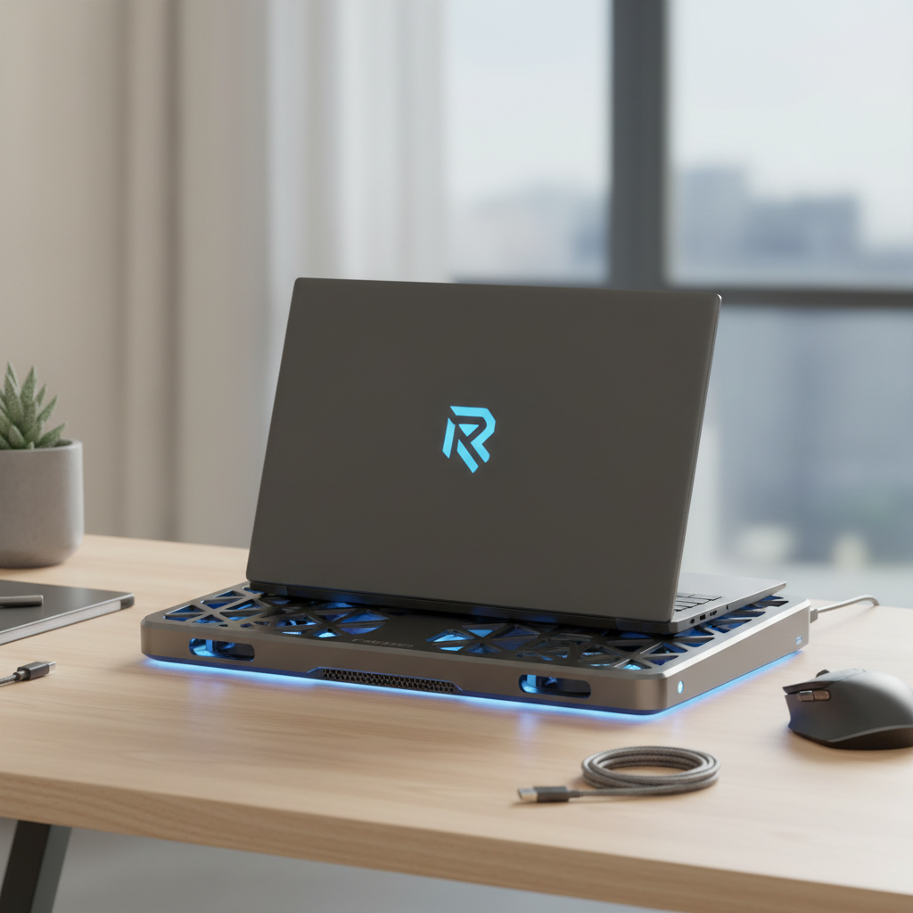 Laptop on cooling pad with airflow and temperature reduction concept