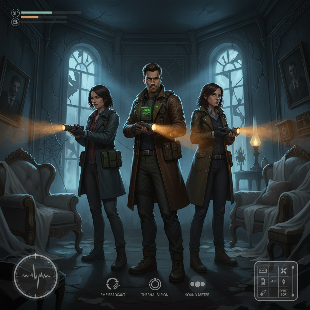 Co-op ghost hunting investigation scene in a haunted house game