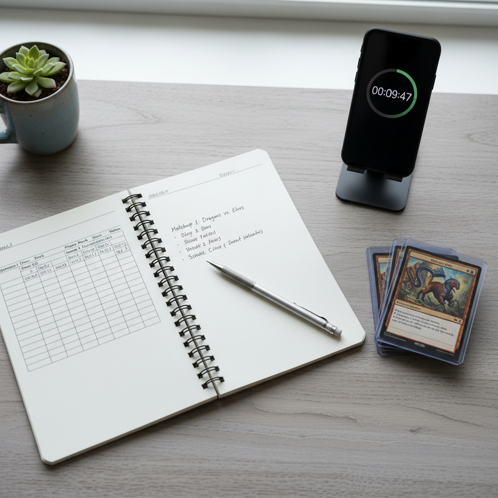 Playtest notes sheet tracking matchups, opening hands, and card performance