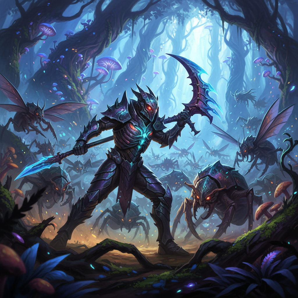 Insect-themed combat game scene with chitin armor and swarm enemies