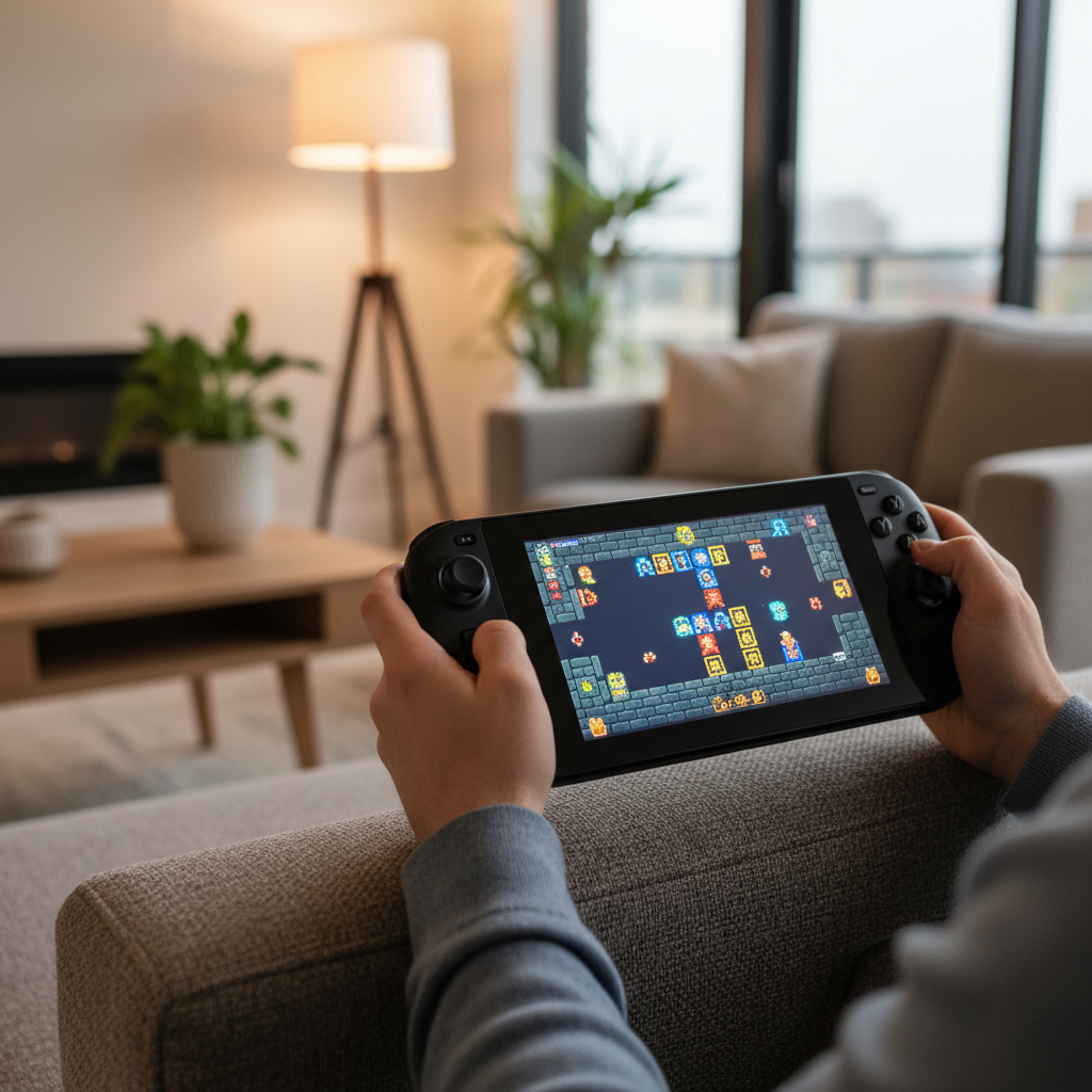 Steam Deck playing a pixel roguelike game in handheld mode