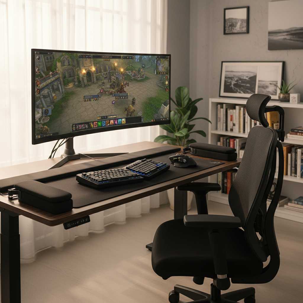 Ergonomic desk setup for MMO gaming with proper wrist and forearm support